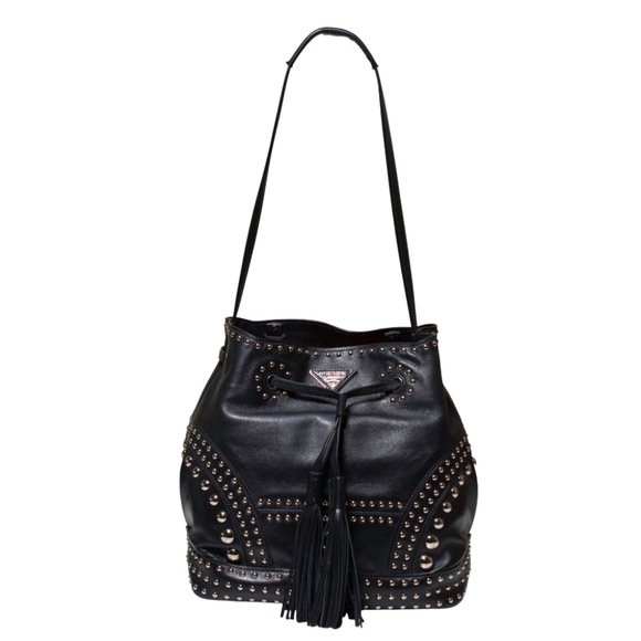 Prada Secchiello Soft Calf Black Leather Bucket Bag with Studs - Picture 1 of 12
